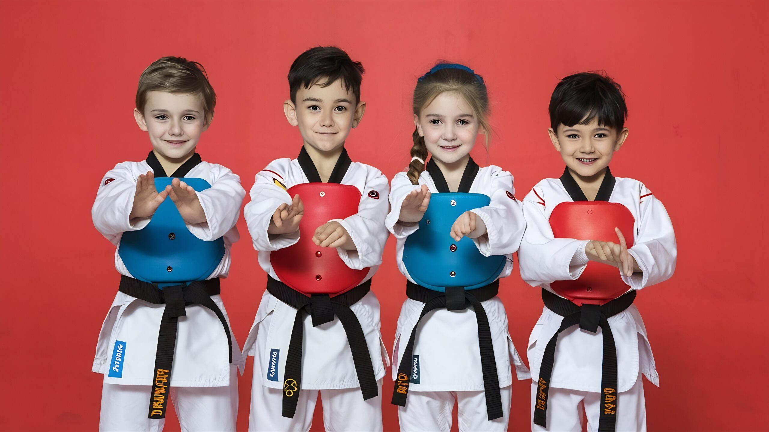 cuatro-ninos-ninos-y-ninas-atletas-de-taekwondo-posando-en-uniforme-aislados-sobre-un-fondo-blanco